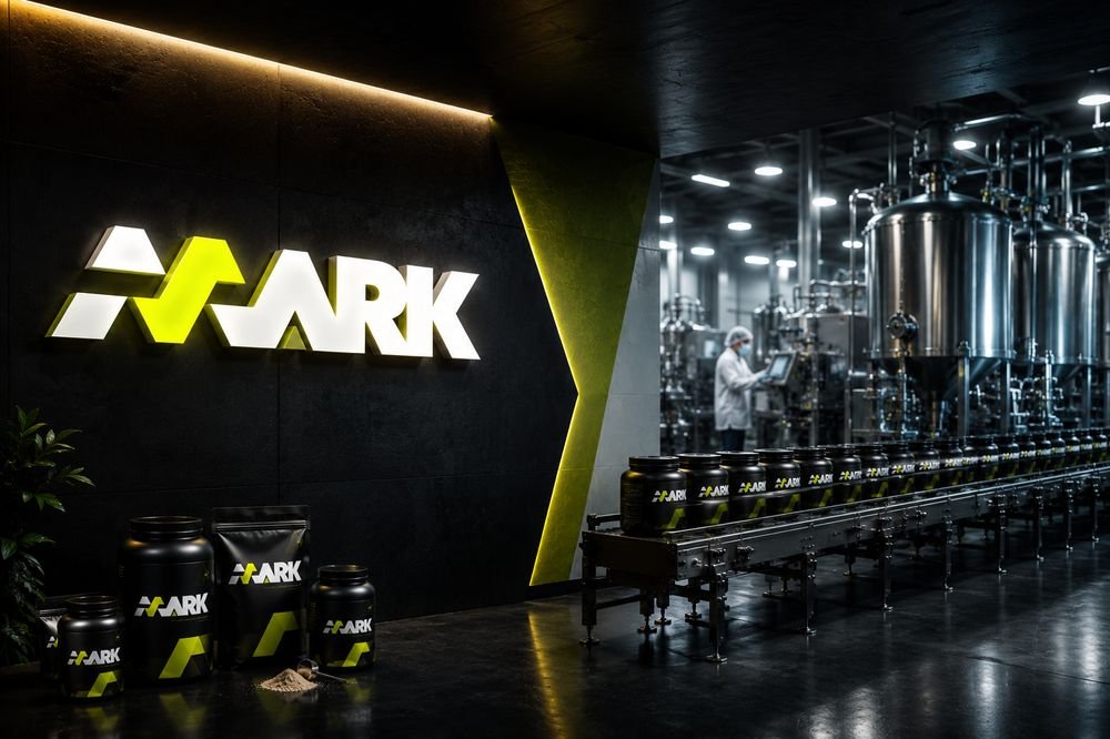 MARK manufacturing facility — logo wall, private label products and production line