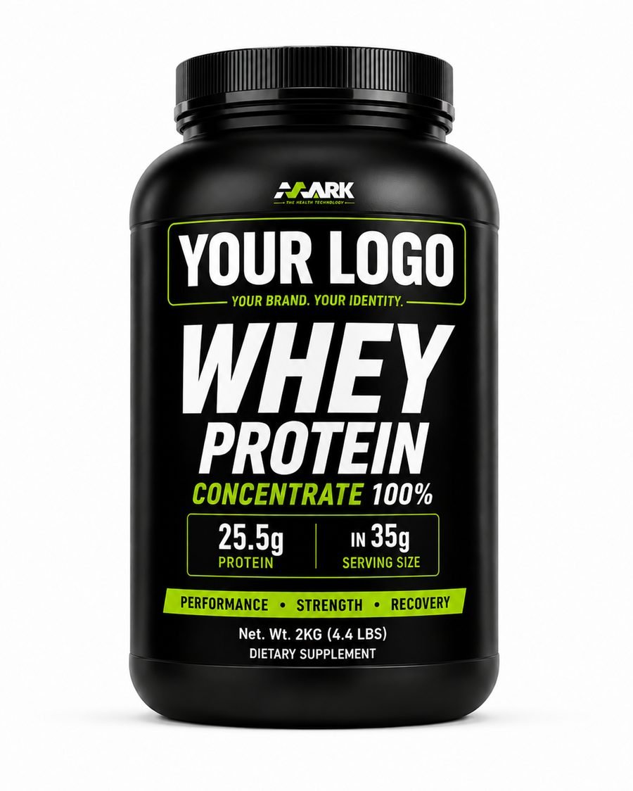 MARK Whey Protein Concentrate 100% bottle with blank Your Logo panel